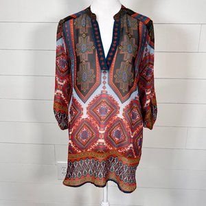 Gibson Latimer Sheer Black, Blue, Orange, Red & Tan Southwest Printed Tunic Sz M